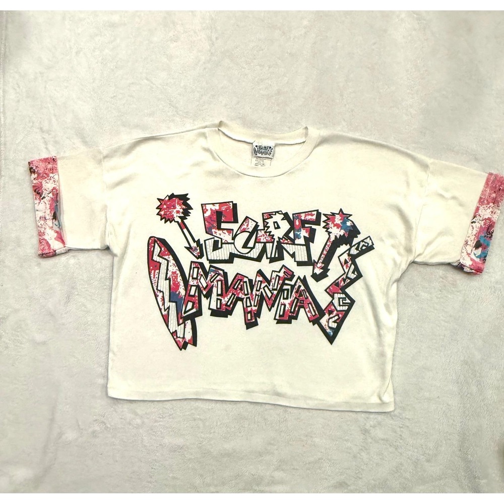 Vintage Surf Mania‎ Graphic T-Shirt White Pink Blue Boxy Crop Top Large K9921
